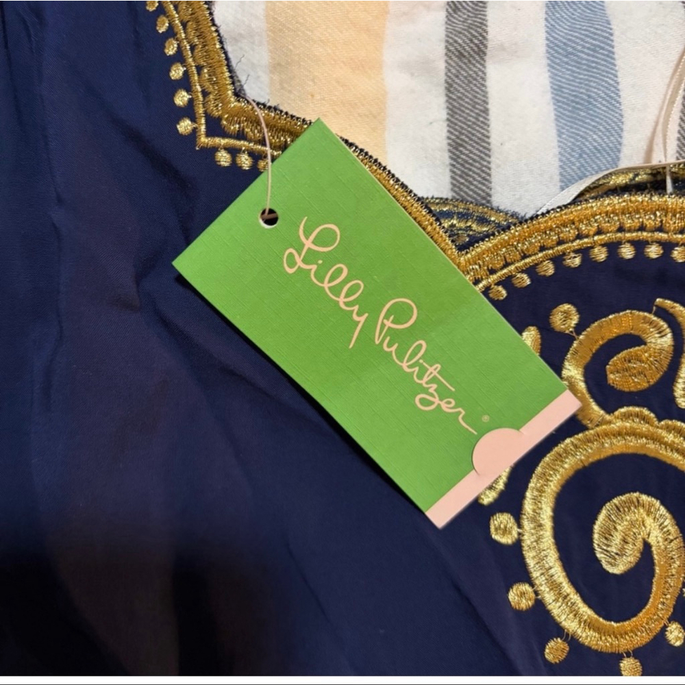 Lilly Pulitzer Navy Gold Embroidered Halter Dress Small NWT - Picture 7 of 11